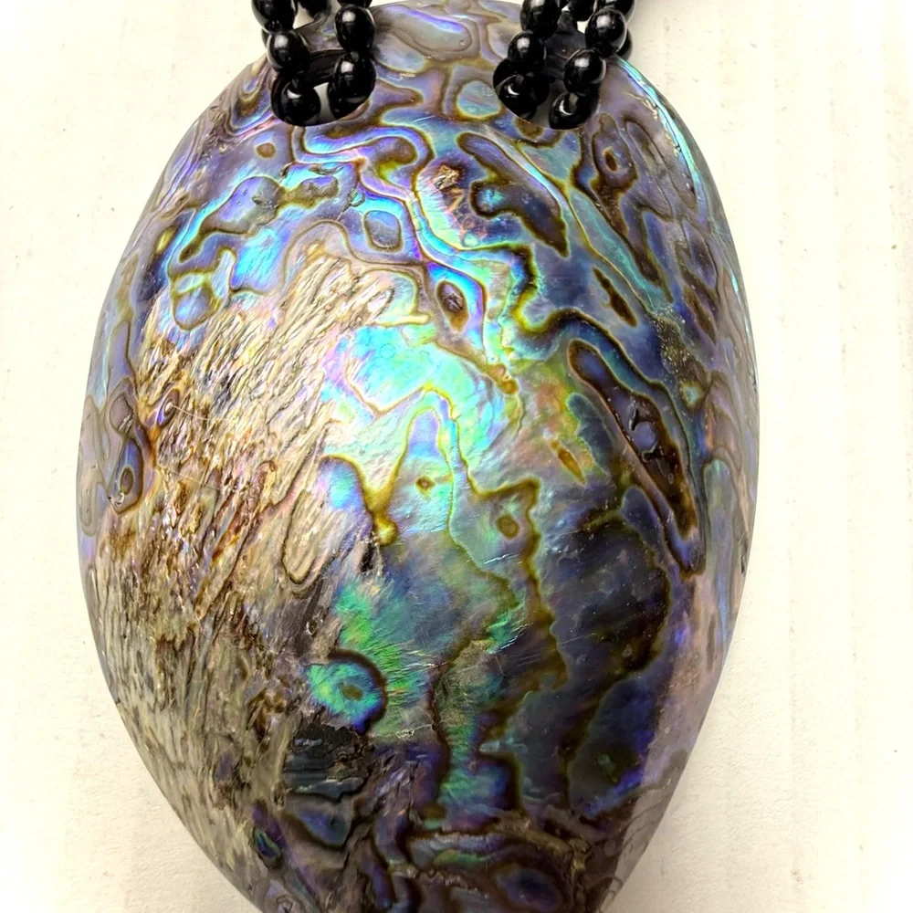 Handmade Abalone Shell Pendant‎ Necklace Black Beaded Beads 24” Beachy Boho